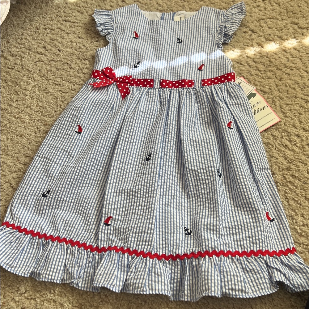 Blue and White Striped Dress with Red Accents